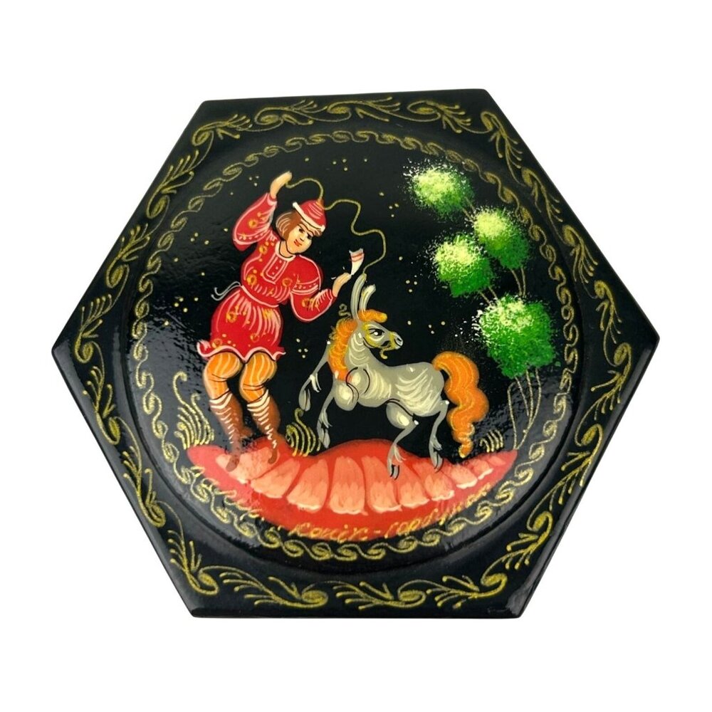 Artist Signed Russian Black Lacquer Trinket Box Hexagon Boy Donkey Pony READ